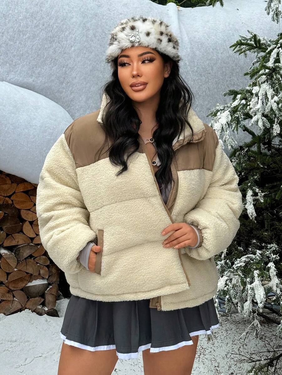 SHEIN SXY Manteau matelassé grande taille à col montant, zippé, avec blocs de couleurs, pour un style casual d'hiver - Kaki - Voir 1