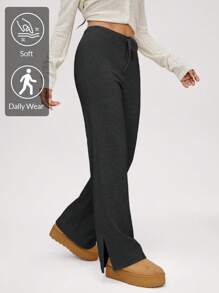 SHEIN BASICS بلوزة نسائية ذات أكمام متسعة محبوكة ذات لون أحادي الشكل - رمادي غامق - مشاهدة 1