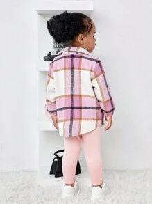 SHEIN 3-delige set met geruite babyjas voor meisjes, elastische taillebroek en witte gebreide basislaag, herfst/winter