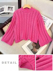 Jersey de punto con manga larga y cuello alto en unicolor fucsia para niñas preadolescentes, cálido para otoño e invierno - Rosa Fucsia - Ver 3