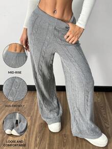 SHEIN Essnce 2024秋装女装新款休闲简约直筒裤毛绒保暖毛衣裤灰色纹理麻花阔腿裤时尚休闲日常百搭毛线裤 - 灰色 - 查看 1