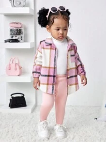 SHEIN 3-delige set met geruite babyjas voor meisjes, elastische taillebroek en witte gebreide basislaag, herfst/winter