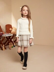 SHEIN 女童纯色荷叶边长袖休闲针织衫，秋冬季 - 白色 - 查看 6