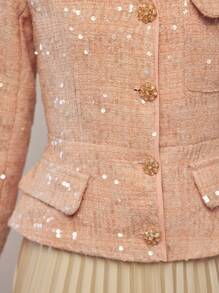 MOTF PREMIUM TWEED SEQUINS V-NECK FLAP DETAIL JACKET - Pink - View 3