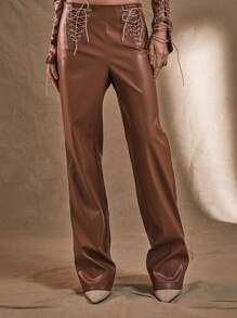 MUSERA WESTERN Lace Up Side Straight Leg Trousers Boho Summer Cute Festival Party Club Chic Elegant - Brown - View 1