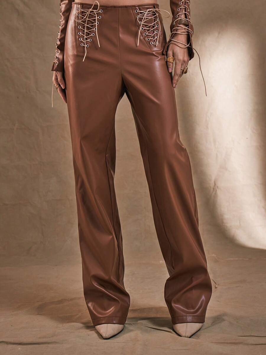 MUSERA WESTERN Lace Up Side Straight Leg Trousers Boho Summer Cute Festival Party Club Chic Elegant - Brown - View 1