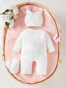 SHEIN 女婴新生儿可爱耳饰帽子带刺绣连体衣，厚实保暖冬装，舒适