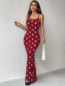 SHEIN Unity Váy tiên cá in hình bộ xương Halloween - Màu Đỏ Sâu - Xem 6