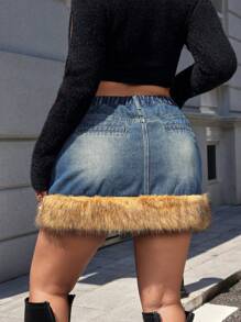 SHEIN EZwear 大码蓬松装饰口袋休闲保暖百搭牛仔 A 字裙 - 藍色 - 查看 2