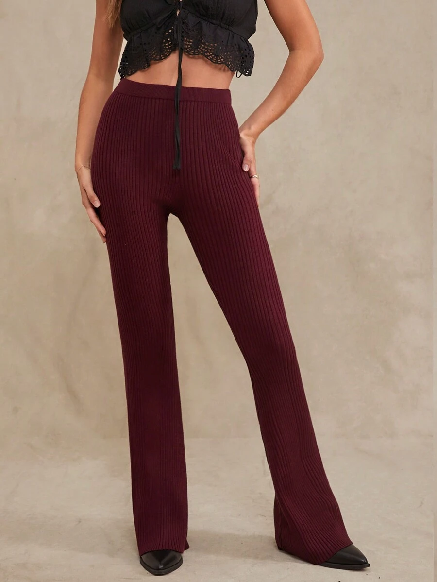 WESTFADE Winter Outfit High Waist Rib Knit Sweater Flare Lounge Pants - Burgundy - View 1