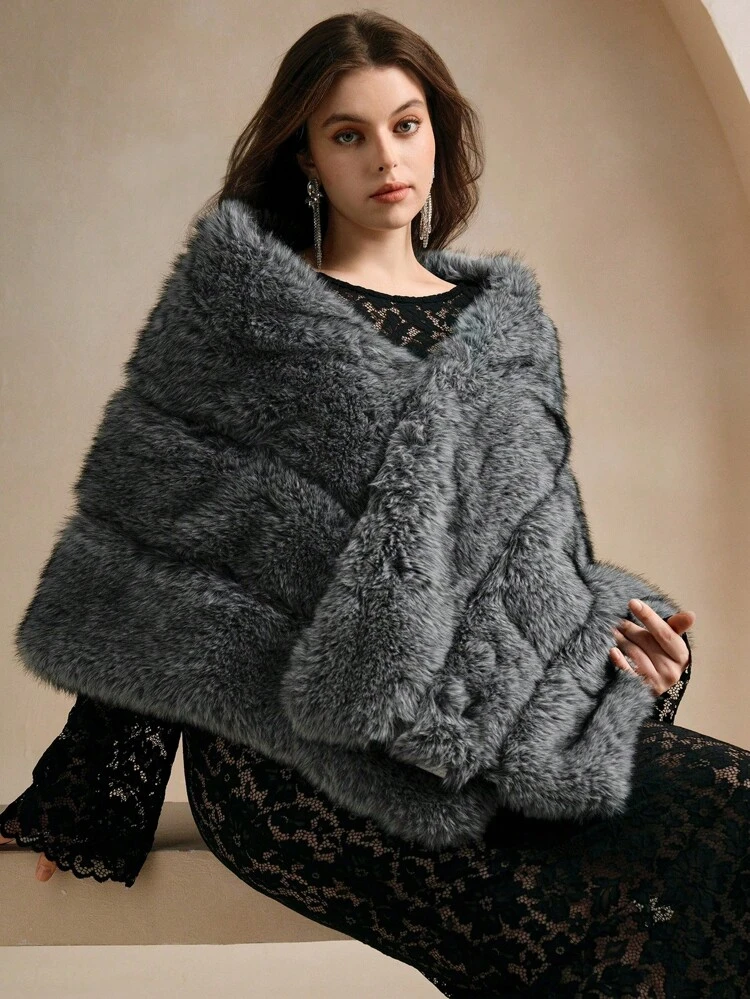 Plus Size Women Fluffy Poncho, Elegant High-End