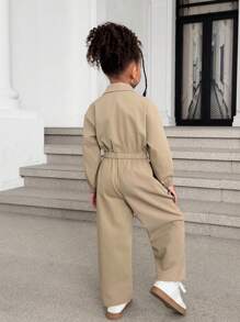SHEIN 年轻女孩纯色翻领收腰修身休闲连体裤 - 卡其色 - 查看 4