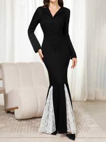 Modelyn Robe longue de soirée élégante pour femmes avec panneau en dentelle, col mandarin et manches longues, style sirène