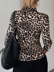 DAZY 1pc Women Leopard Print Asymmetrical Neck Slim Fit Sexy Long Sleeve T-Shirt,Fall Clothes - Coffee Brown - View 2