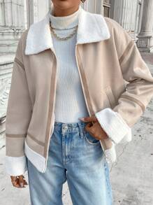 SHEIN LUNE Women Casual Basic Faux Shearling Lined Pockets Jacket Coat, Autumn/Winter - Apricot - View 3