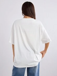 SHEIN EZwear 休闲纯色针织前中心印花圆领短袖宽松女式 T 恤 - 白色 - 查看 2