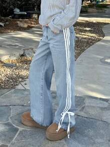 2025跨境新品现货美式Y2k街头流行蝴蝶结织带低腰直筒女士牛仔裤 - 淺色水洗藍 - 查看 5