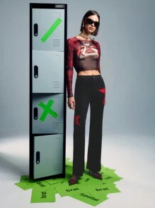 SHEIN Unity Red Star Patch Stretchy Fitted Flare Trousers Fall Cloth For Women - Black - View 3