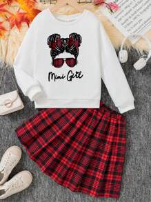 2 件套 Tween Girl Mimi Girl 蝴蝶结装饰印花运动衫和格子百褶裙套装，适合秋冬季日常穿着、学校和节日派对 - 彩色 - 查看 1