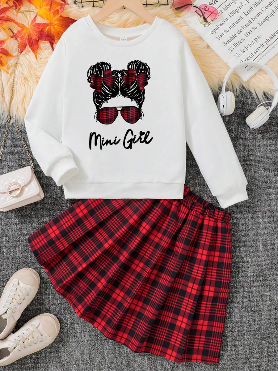 2 件套 Tween Girl Mimi Girl 蝴蝶结装饰印花运动衫和格子百褶裙套装，适合秋冬季日常穿着、学校和节日派对 - 彩色 - 查看 1