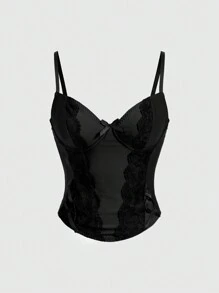 ROMWE Goth Y2K Seksowny kontrastowy koronkowy top na ramiączkach spaghetti z ozdobą w talii z wiązaniem na sznurku, odpowiedni na imprezę noworoczną - Czarne - Zobacz 1