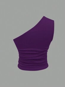 INAWLY 1 chiếc áo không tay cổ bẻ xếp ly màu trơn cho nữ - Màu tím  Violet - Xem 2