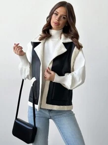 Firerie Elegant & Fashionable Versatile Black Warm Sherpa Fleece Sleeveless PU Vest, Autumn/Winter,Fall And Winter,Casual,Black And White,PU, - Black - View 3