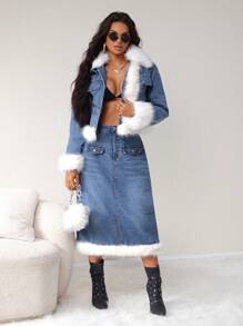 SHEIN SXY Women Casual Patched Fuzzy Hem Washed Denim A-Line Skirt, AutumnThermal Thickened Denim - Medium Wash - View 6