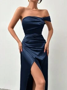 SHEIN 女士优雅性感纯色露肩高开叉超长连衣裙 - 藏蓝色 - 查看 6