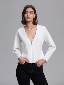 Women's Solid V-Neck Loose Batwing Cardigan - White - View 6