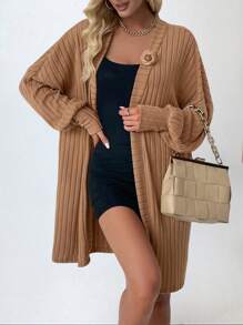 SHEIN LUNE Long Loose-Fit Cardigan With Wide Ribbed Drop Shoulder And Open Front Design - Mocha Brown - View 5
