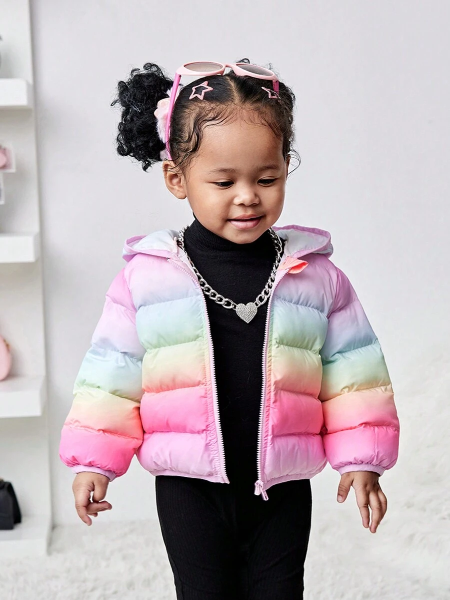 SHEIN Baby Girl Colorful Ombre Hooded Thick Fleece Jacket, Warm And Versatile For Autumn/Winter