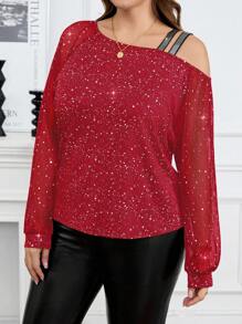 SHEIN Clasi Women Plus Size Autumn Elegant Glitter Asymmetric Neckline T-Shirt - Red - View 7