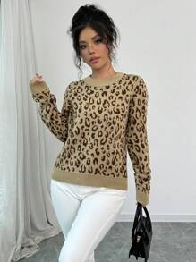 Chiquease Women's Leopard Print Round Neck Casual Pullover Sweater Knit Pullover Fall Winter Outfit - Multicolor - View 5