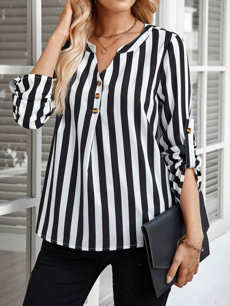 Women Striped Print Cutout V-Neck Casual Long Sleeve Blouse