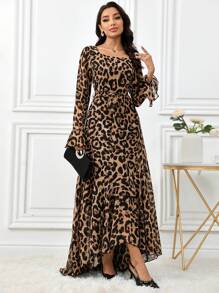 Modelyn Women Animal Leopard Print Boat Neck Elegant Long Sleeve Dress - Multicolor - View 5