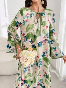 Al Najma Women's Drawstring Long Sleeve Allover Print Elegant Arabian Modest Dress Fall Cloth For Women - Green - View 5