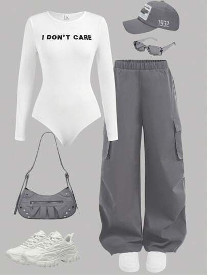 SHEIN Girlism 青少年女孩两件套街头秋冬白色圆领长袖百搭休闲日常口号印花紧身衣和裤子适合返校