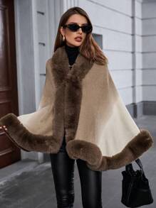 SHEIN LUNE 女士毛领撞色渐变斗篷开衫 - 彩色 - 查看 1