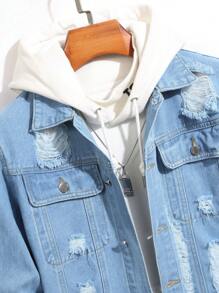 Manfinity LEGND Men's Casual Ripped Front Button Denim Jacket, Suitable For Spring And Autumn