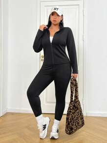 SHEIN EZwear Plus Size Women's Warm, Thermal, Fleece Jacket, Black, For Cold Weather In Fall - Black and White - View 4