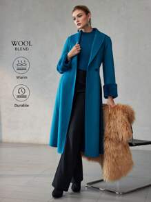 MOTF PREMIUM WOOL SHAWL COLLAR FLUFFY CUFF BELTED OVERCOAT - Blue - View 2