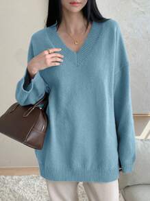 DAZY Women's Solid Color Loose V-Neck Long Sleeve Sweater, Casual Everyday Wear, Autumn/Winter,Fall Women Clothes