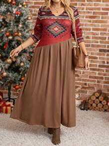 Plus Size Colorblock Geometric Print Long Dress, Christmas - Multicolor - View 1