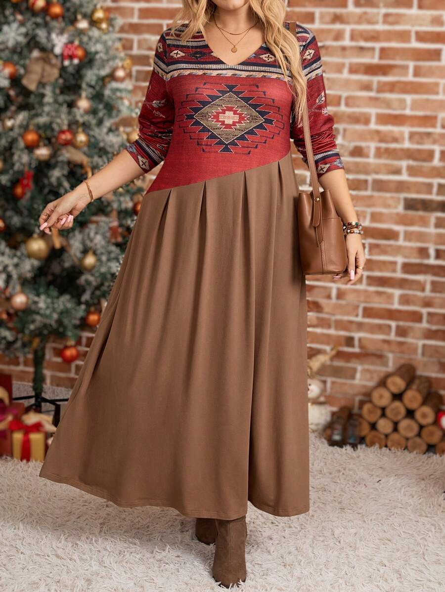 Plus Size Colorblock Geometric Print Long Dress, Christmas - Multicolor - View 1