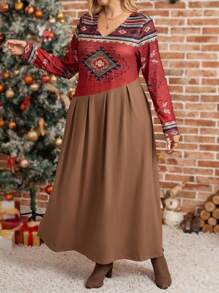 Plus Size Colorblock Geometric Print Long Dress, Christmas - Multicolor - View 5