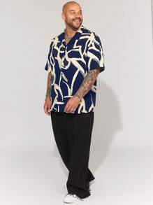 Manfinity VCAY 大码男士休闲编织修身常规肩立领短袖衬衫，适合夏季日常穿着 - 藍色 - 查看 4