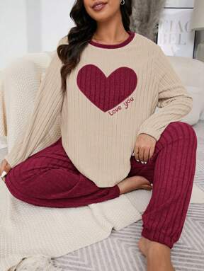 Set pigiama oversize con texture a nido d'ape, ricamo a forma di cuore, collo tondo, top a maniche lunghe e pantaloni lunghi per San Valentino, outfit comodi, abbigliamento autunno inverno