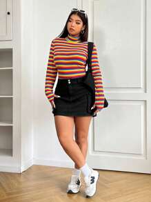 SHEIN EZwear 大码女式时尚彩色条纹高领 T 恤，秋季