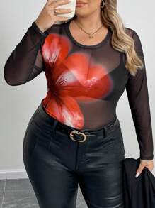 SHEIN CURVE+ Plus Size Floral Printed Sheer Stretchy T-Shirt - Black - View 7